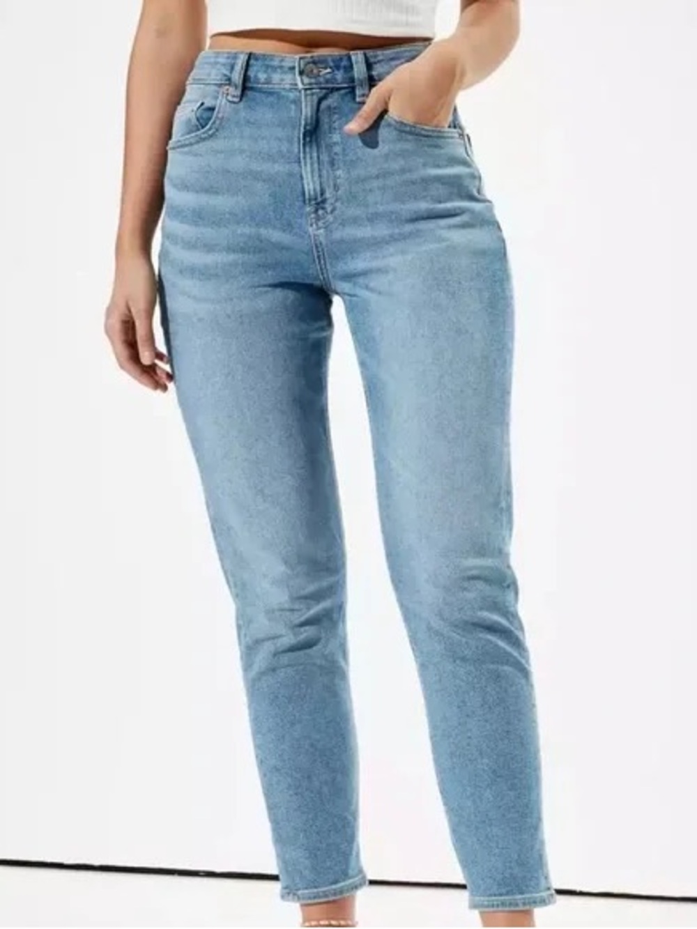 AE Long Length Light Wash High-Rise Mom Jeans